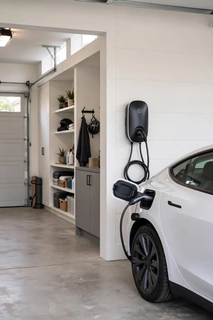 Level 2 EV charger installed in a Denver garage with an electric vehicle plugged in and charging
